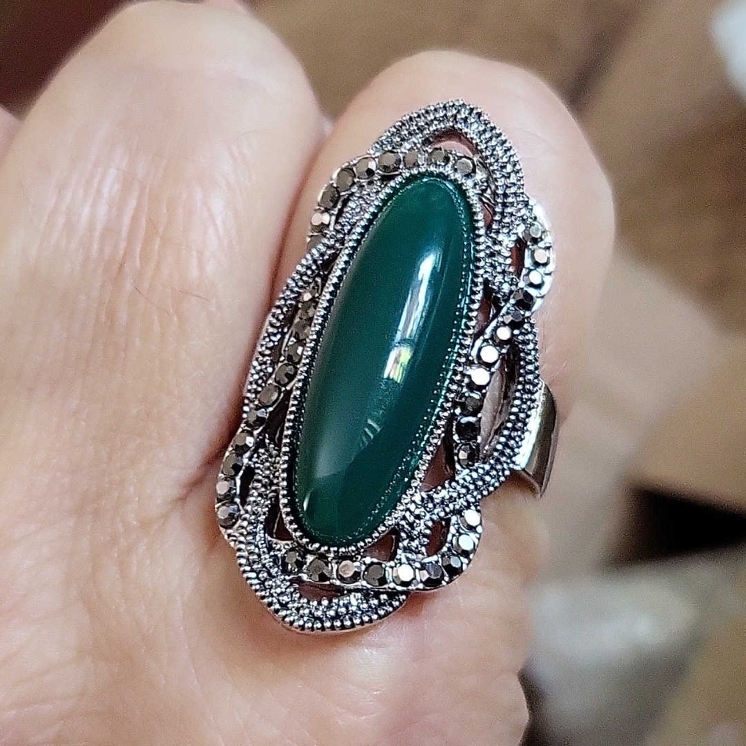 Stainless Steel Silver And Green Ring